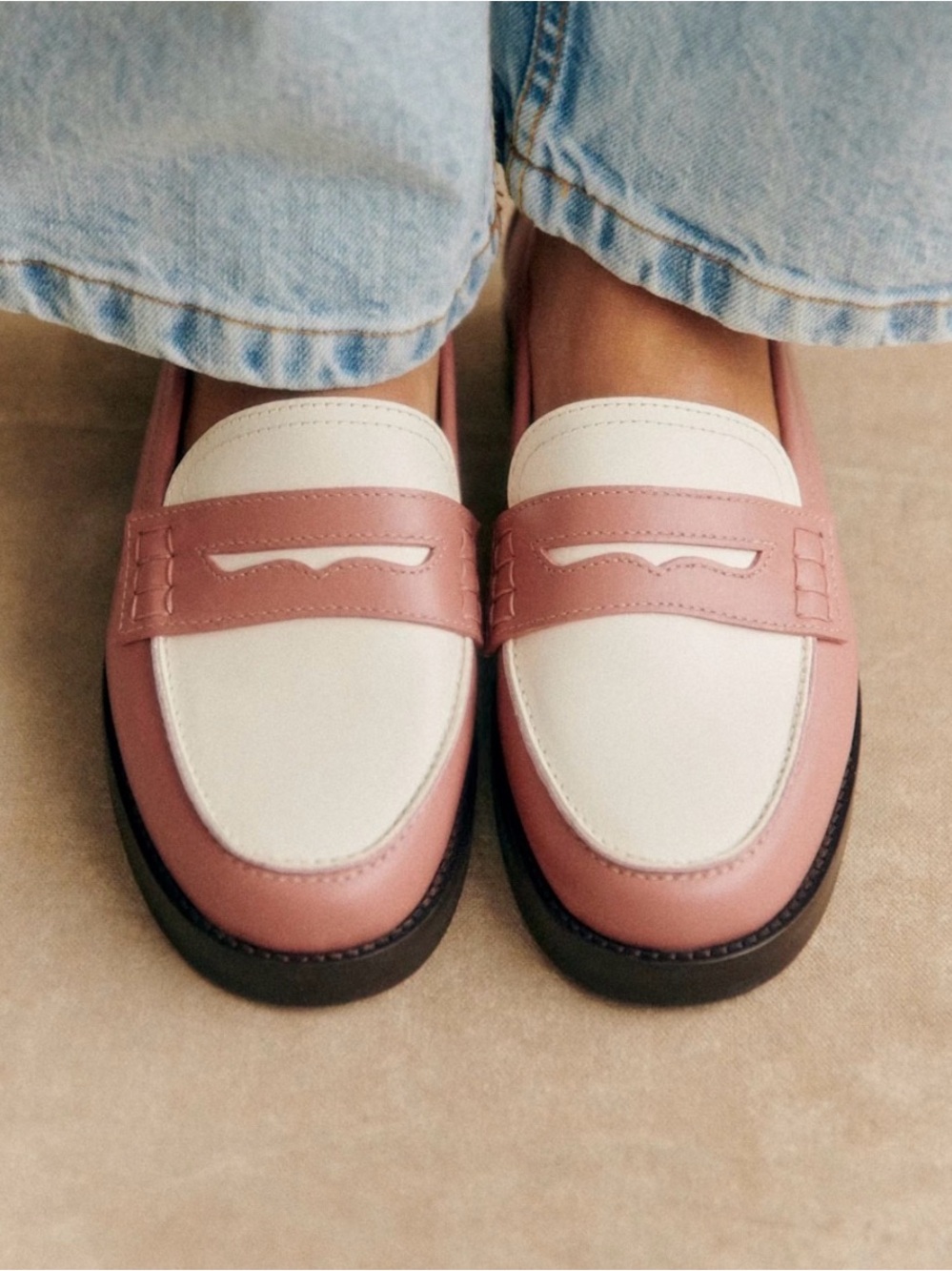 Sezane Andrea Blush Multi (Pink and White) Leather Loafers